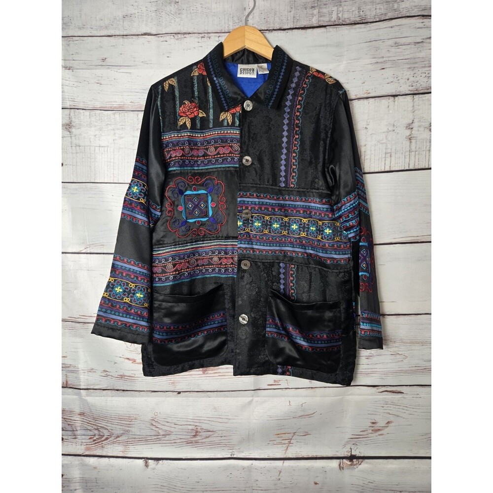 Chico's Womens Jacket Size 1 Medium Black Colorful Embroidered Boho Tapestry